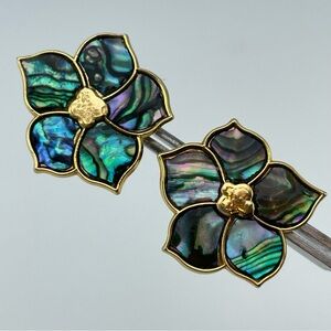 Stunning Abalone Shell Flower Post Earrings Gold Tone Iridescent Petals